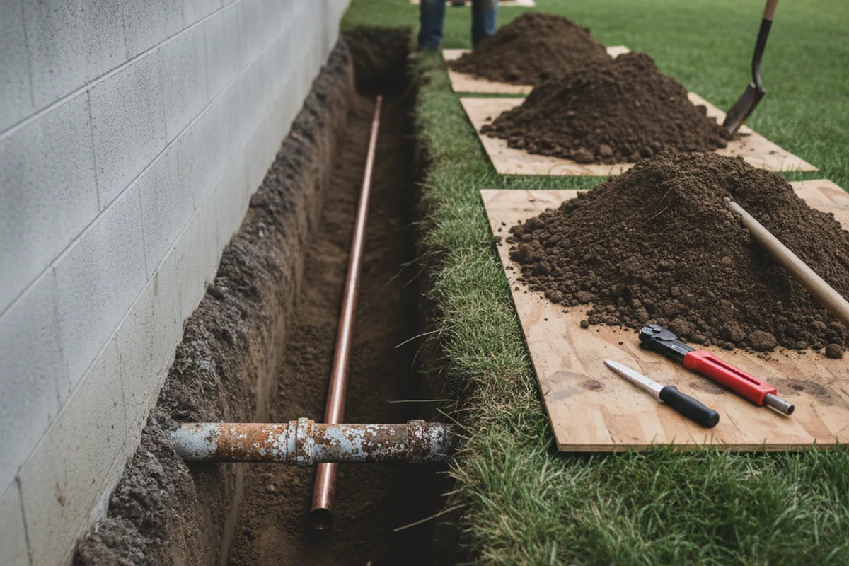 Excavated water line trench during Water Heater Repair in Marianna